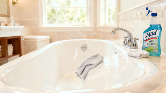 A satisfied homeowner gently cleaning a shiny, refinished bathtub with a soft microfiber cloth and safe cleaning supplies.