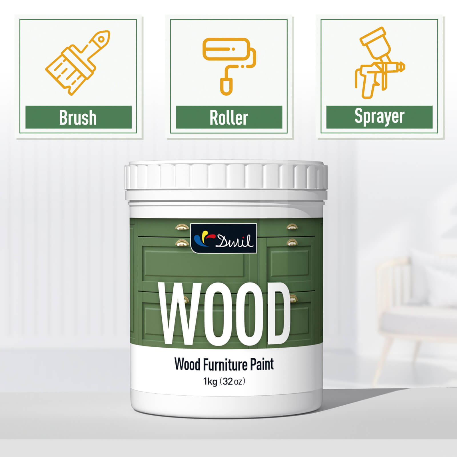 DWIL Wood Furniture Paint can for a DIY furniture refinishing project.