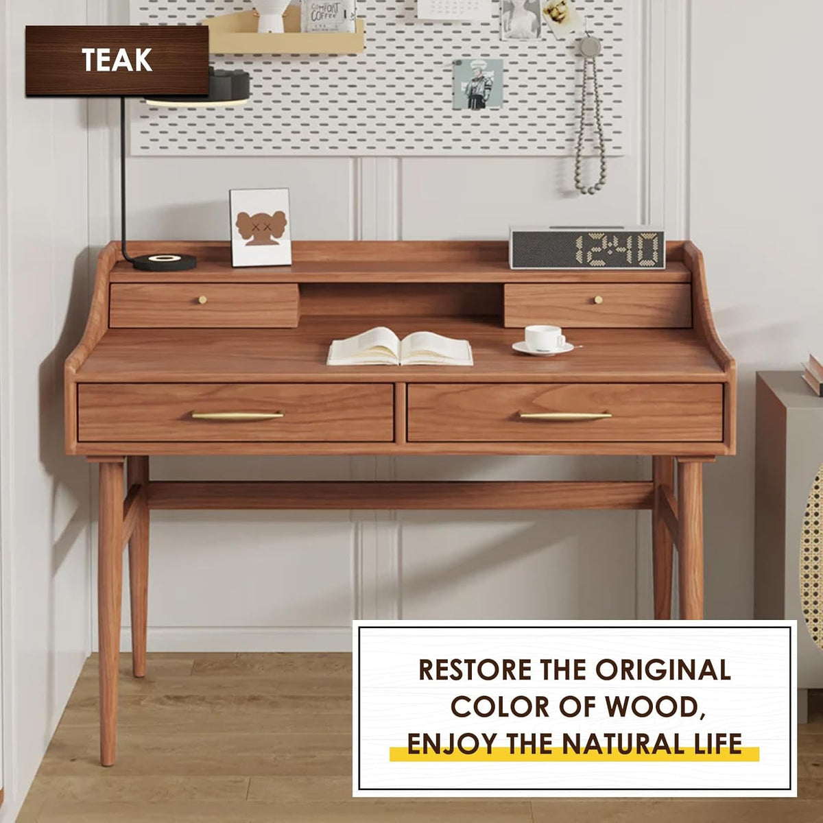 Teak-colored wooden dressing table with drawers and a mirror.