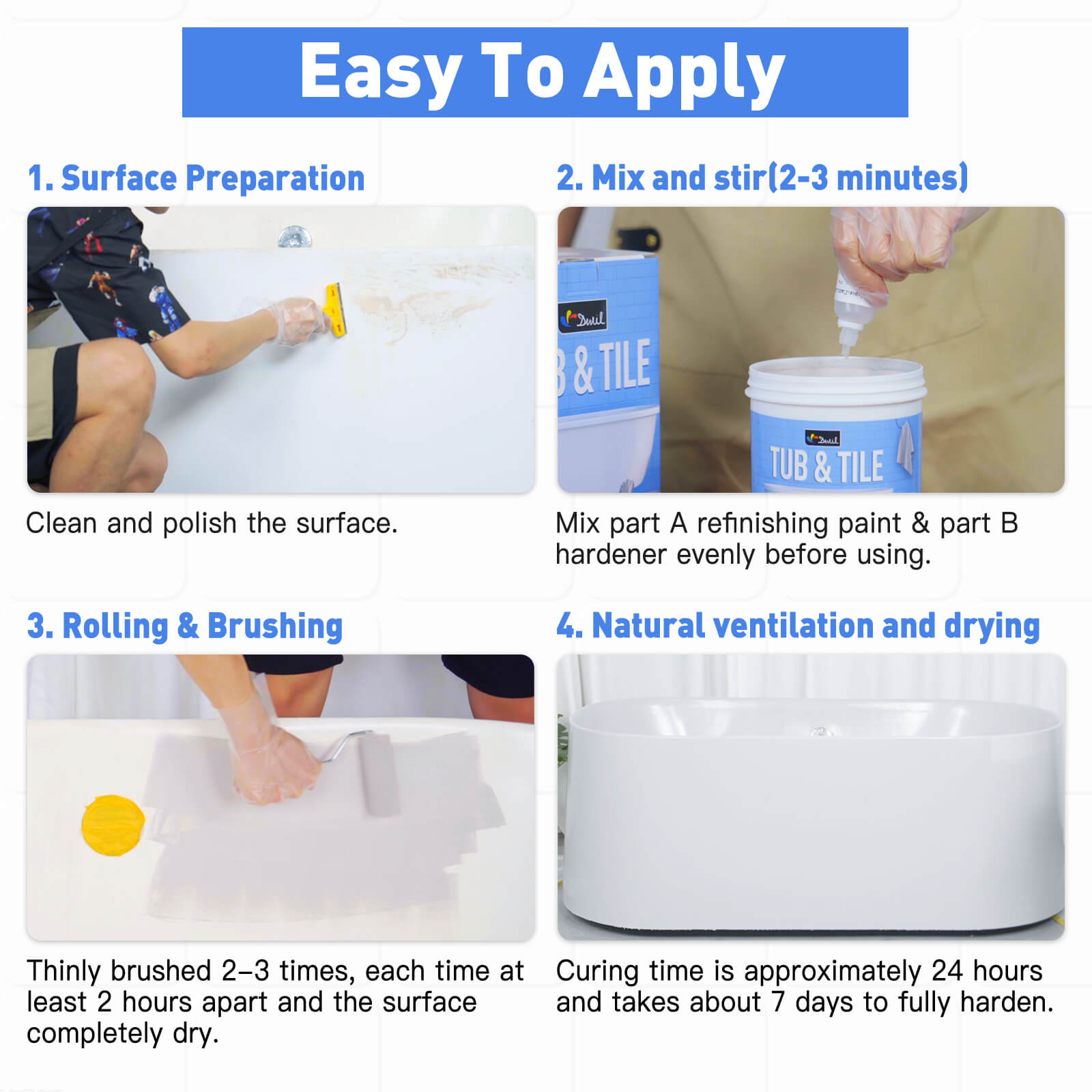 Tub and tile paint use guide
1. Surface Preparation
2. Mix and stir(2-3 minutes)
3. Rolling & Brushing
4. Natural ventilation and drying