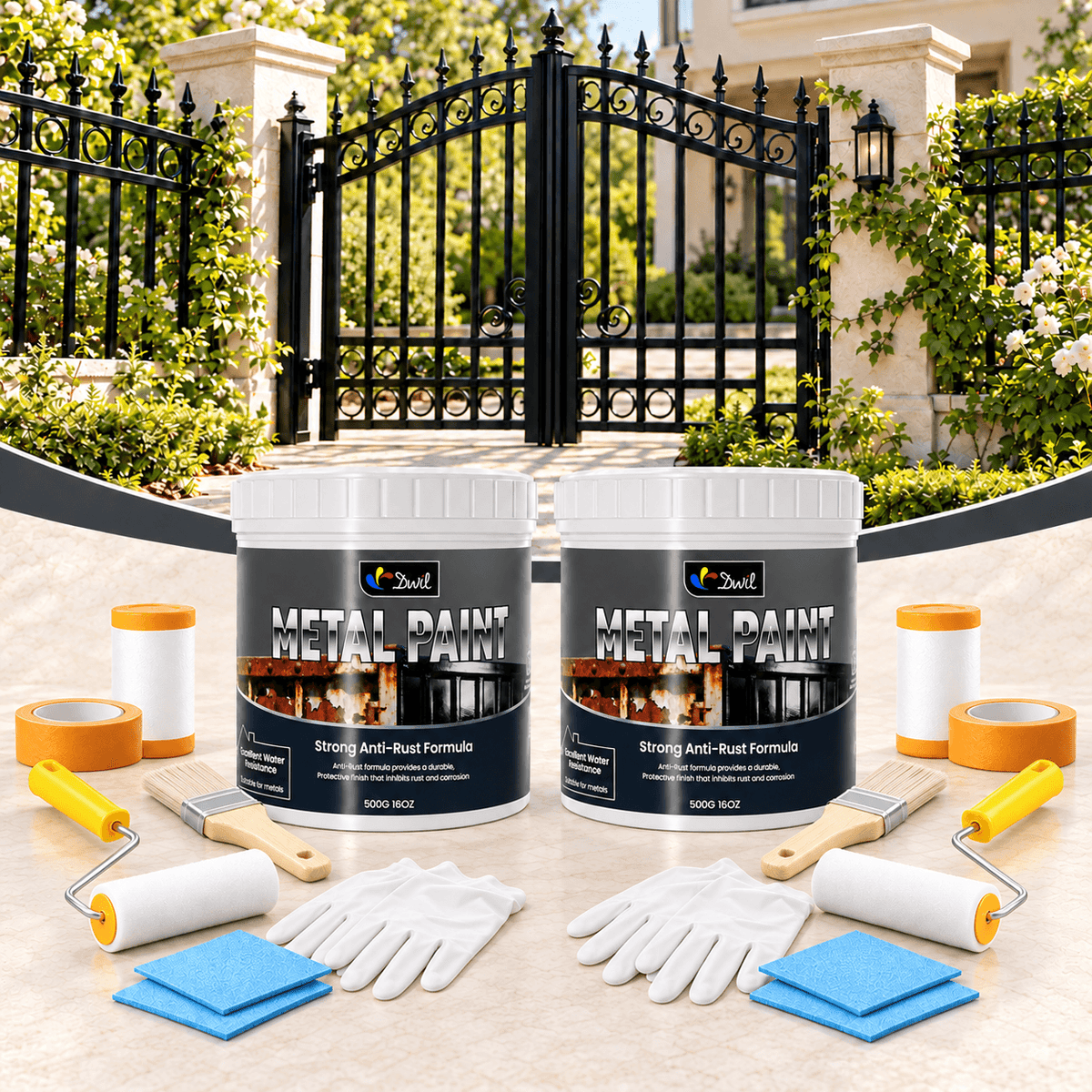 DWIL black anti-rust metal paint kit with two 500g cans and two tool sets, shown with a black metal garden gate.