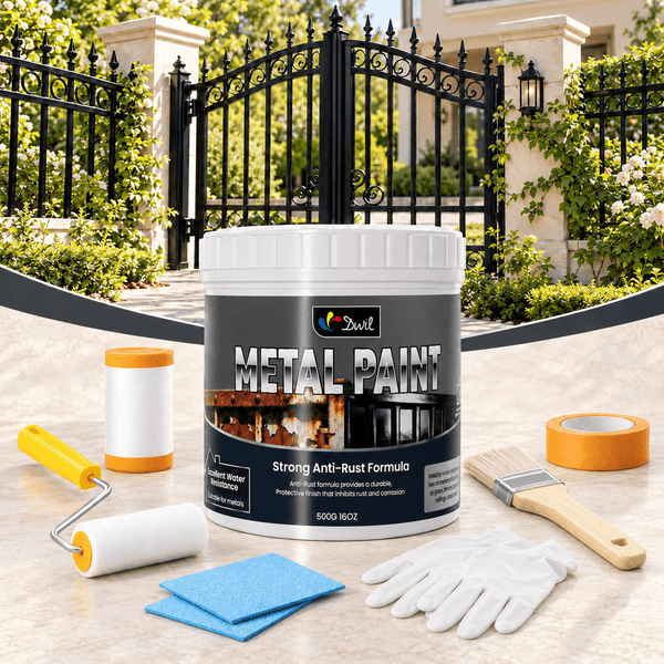 DWIL black anti-rust metal paint kit with one 500g can and application tools, shown with a black metal garden gate.