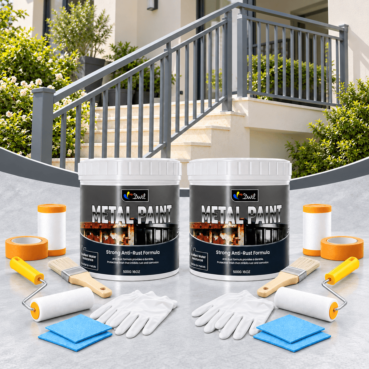 DWIL gray anti-rust metal paint kit with two 500g cans and two tool sets, shown with a gray metal railing.