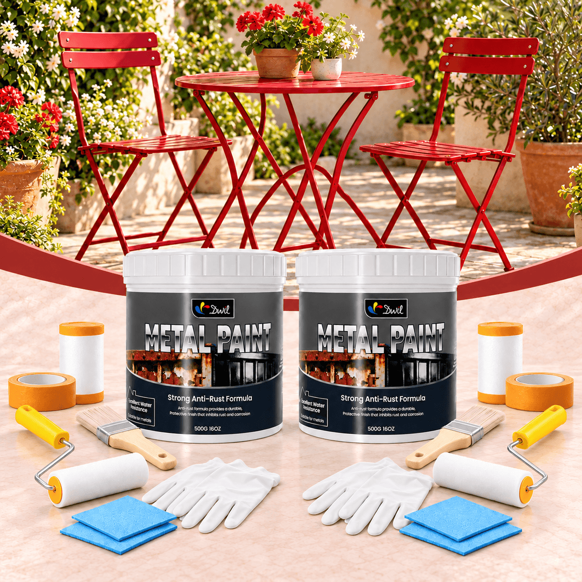DWIL red anti-rust metal paint kit with two 500g cans and two tool sets, shown with red metal patio furniture.