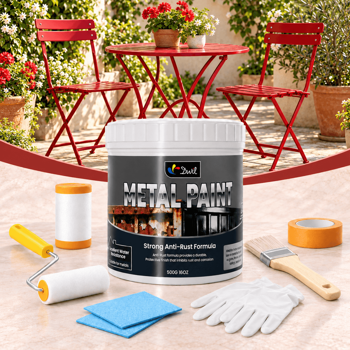 DWIL Waterproof Metal Paint Kit with Anti-Rust Protection – 16/32 oz — Metal Red