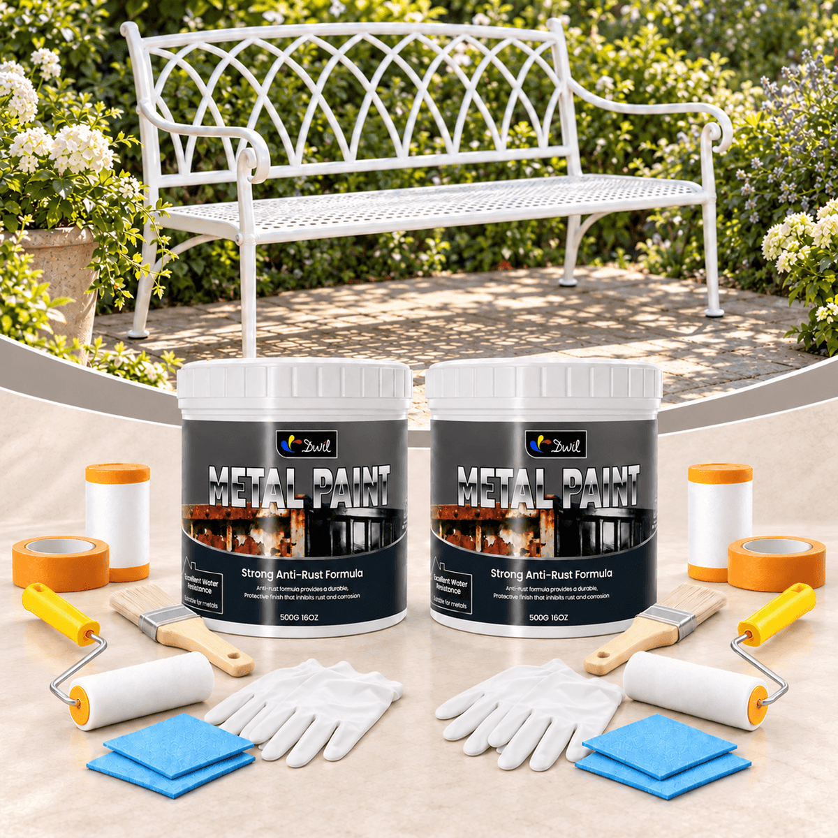 DWIL white anti-rust metal paint kit with two 500g cans and two tool sets, shown with a white metal garden bench.