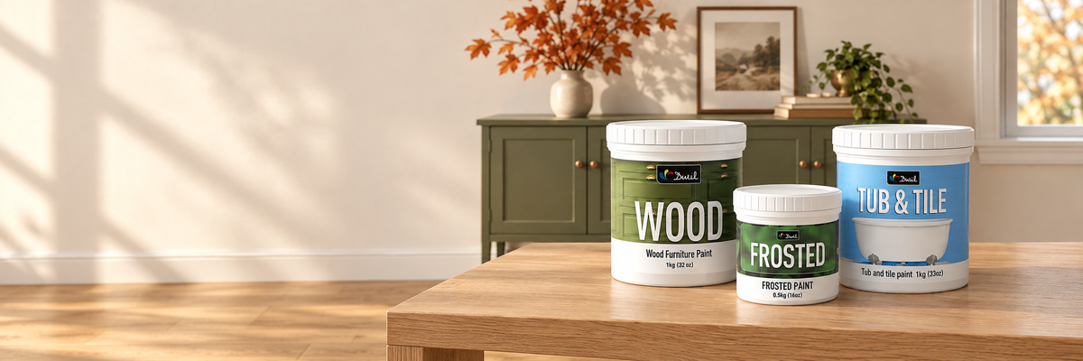 DWIL paint kits with autumn foliage and warm home details