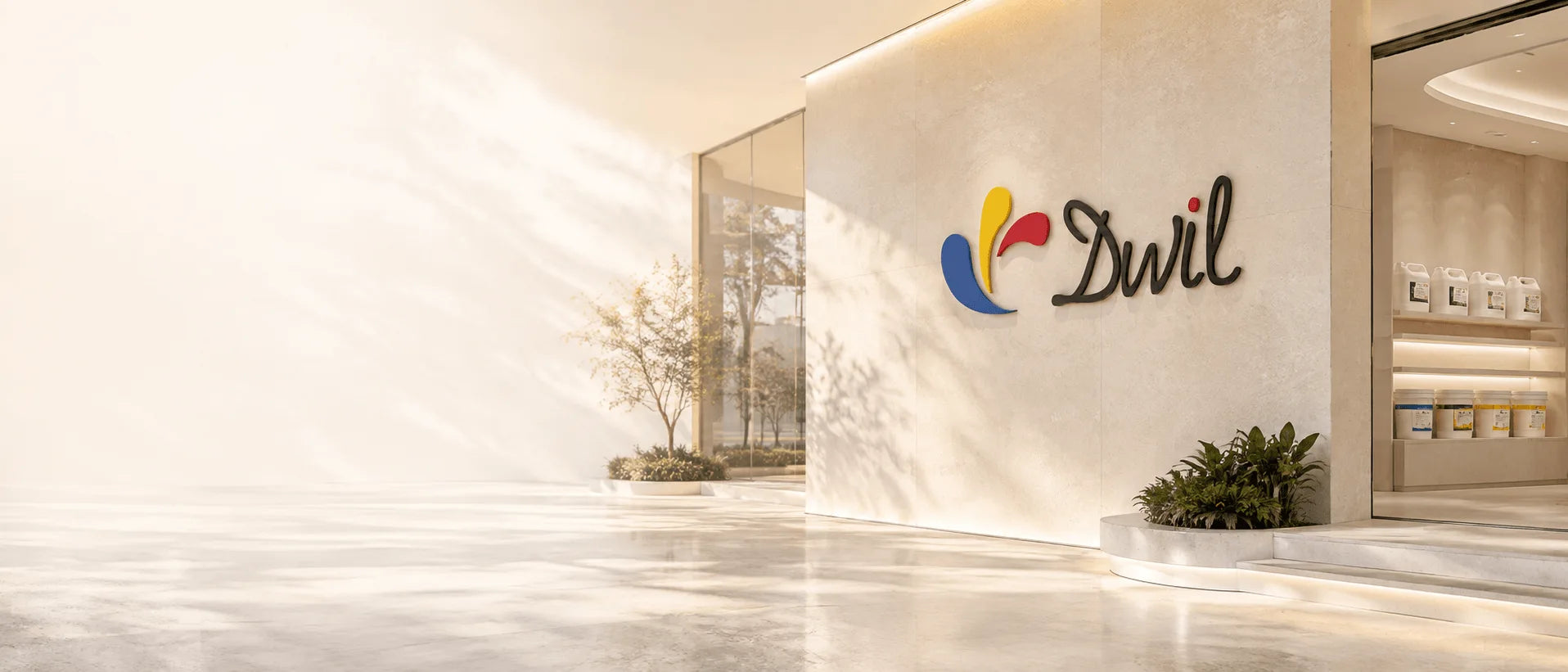 DWIL logo on the exterior of a light-filled building