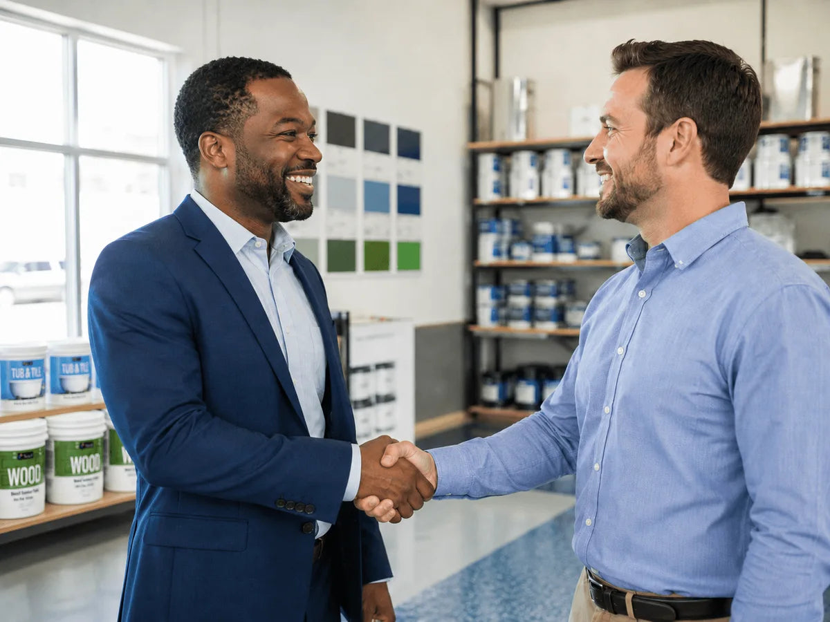 Two professionals shaking hands in a coating showroom
