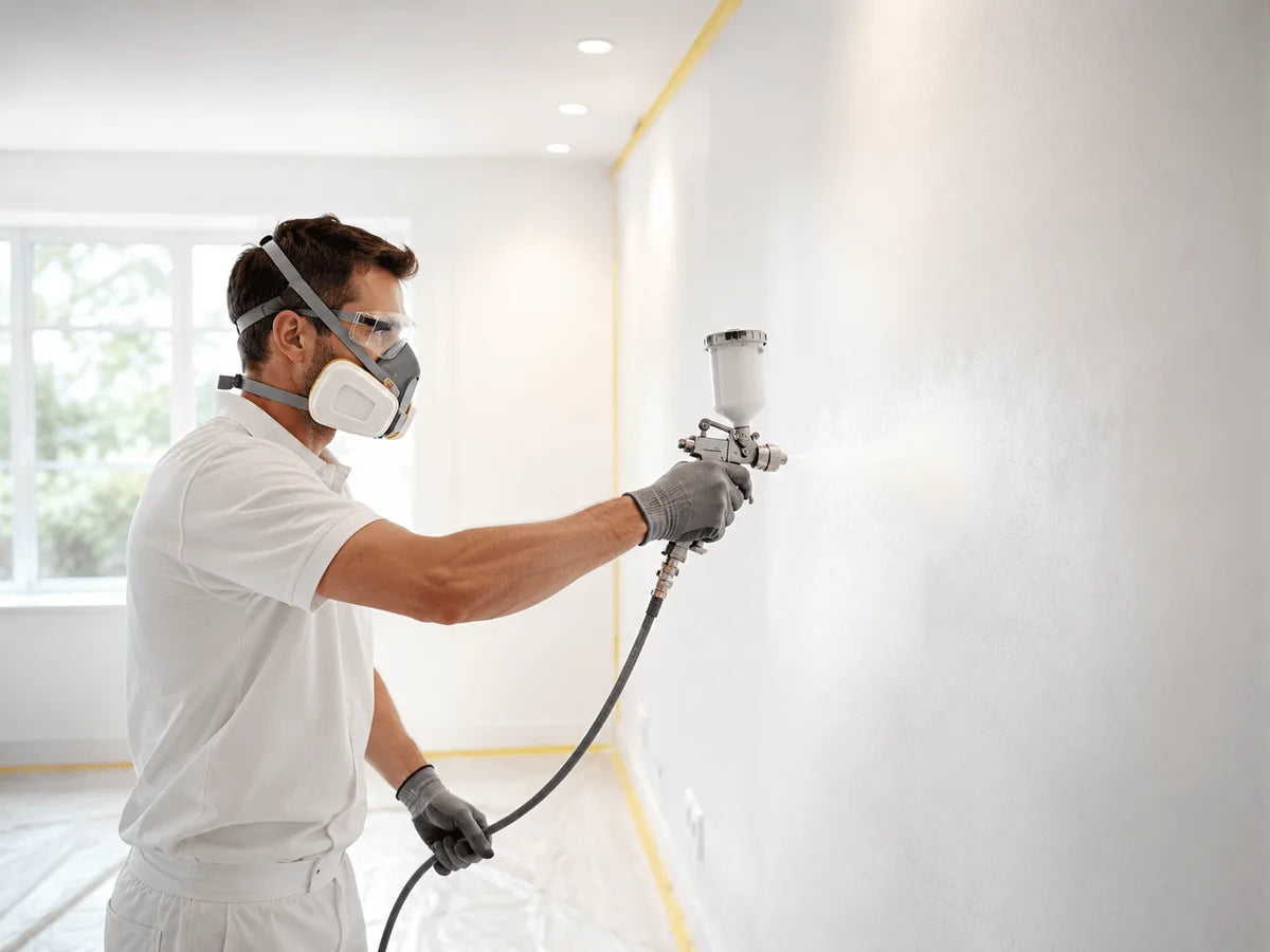 A professional wearing protective equipment applies a coating to a wall