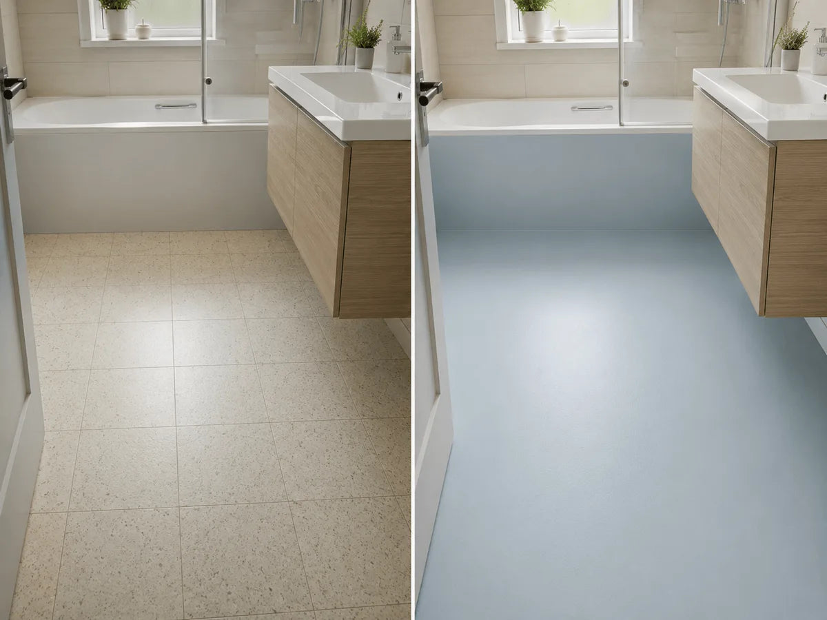 Bathroom floor before and after a coating refresh