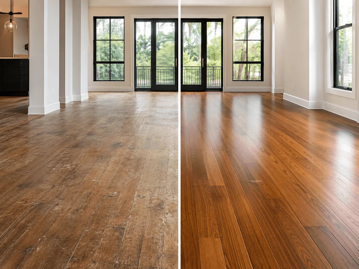 Wood floor before and after refinishing