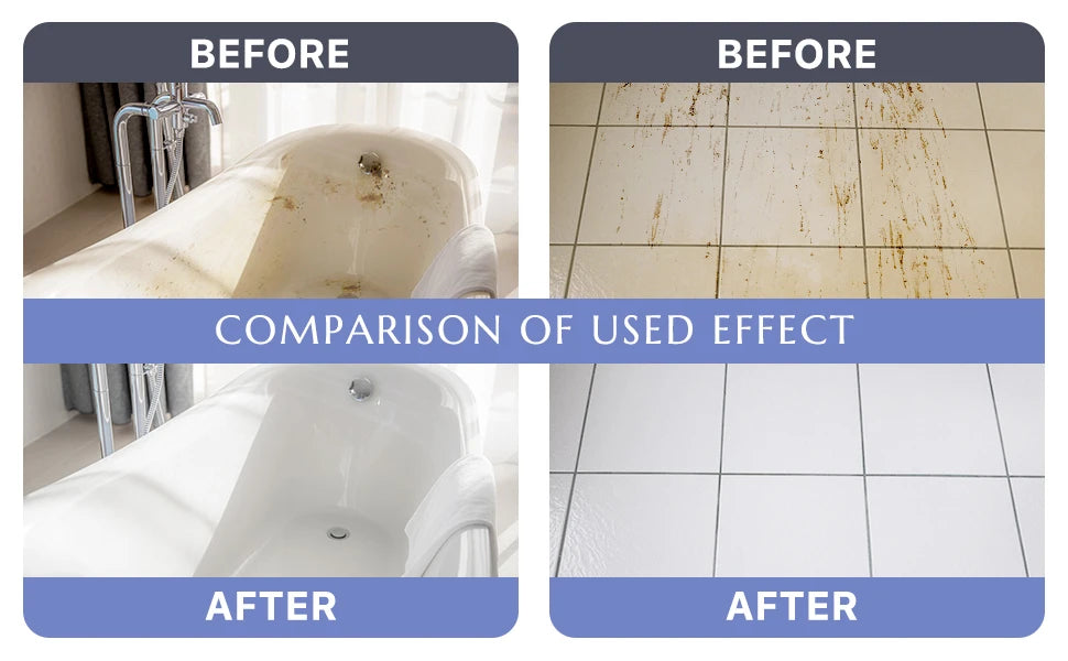 Illustrative bathtub and tile before-and-after comparison; results depend on preparation and application.