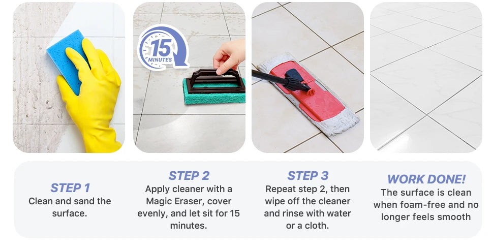 Apply the surface cleaner, allow about 15 minutes, rinse and repeat; complete sanding and drying as directed before painting.