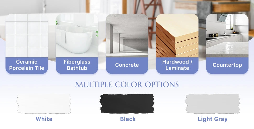 Surface examples and White, Black and Light Grey color options for DWIL tub and tile paint.