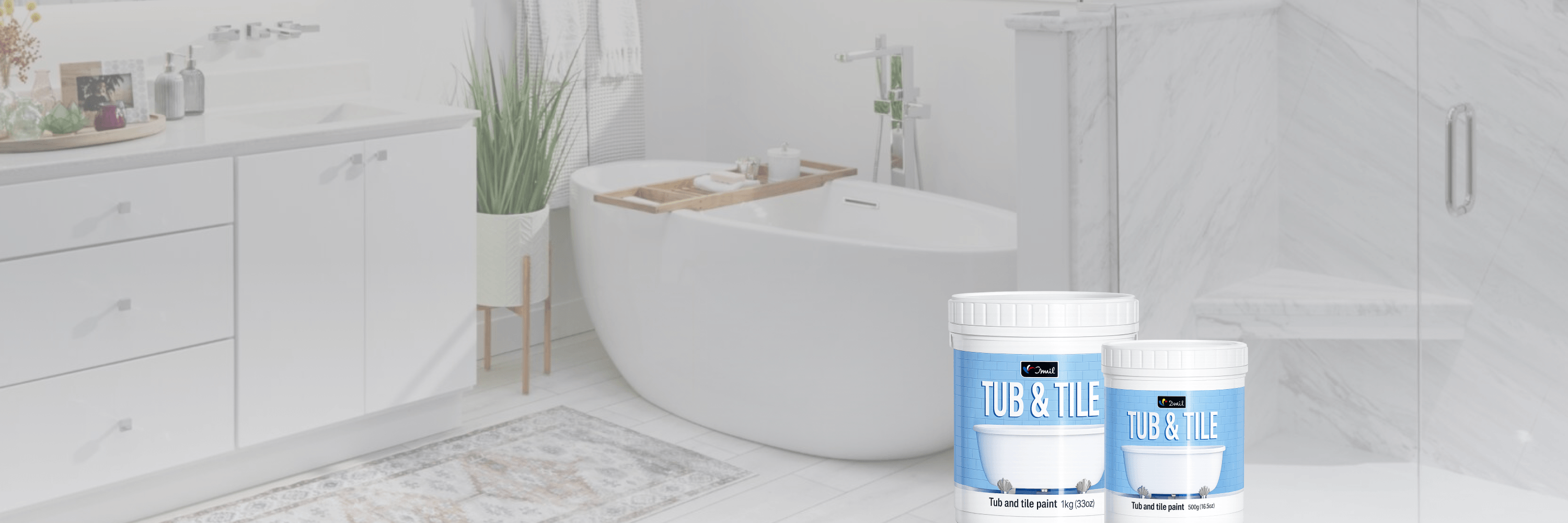 Bright white bathroom with a freestanding tub and two DWIL Tub & Tile paint kits