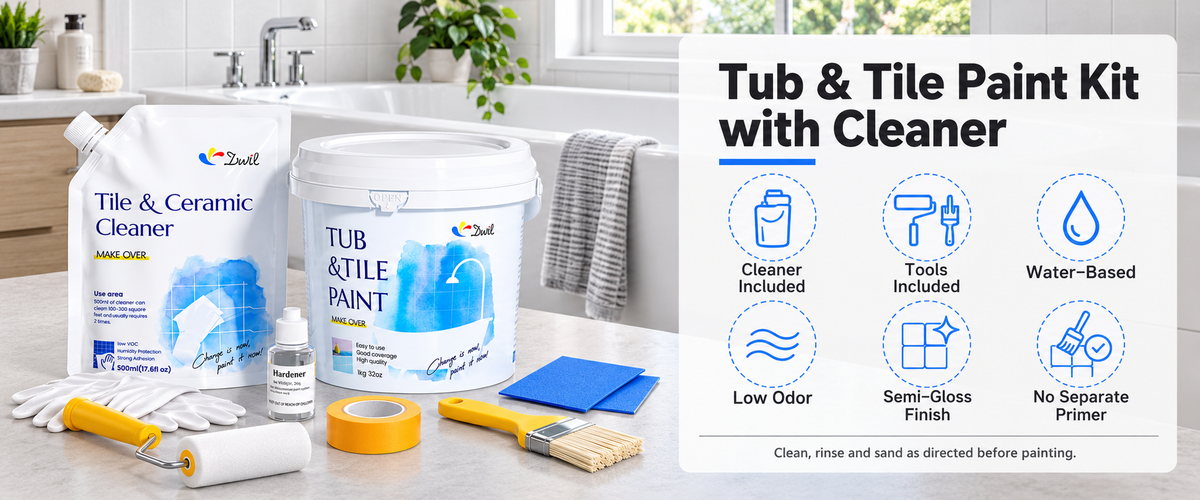 DWIL tub and tile paint kit with cleaner, hardener and tools; water-based, low-odor, semi-gloss finish with no separate primer.