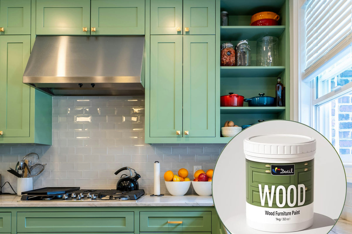 DWIL Wood Furniture Paint with green kitchen cabinets.