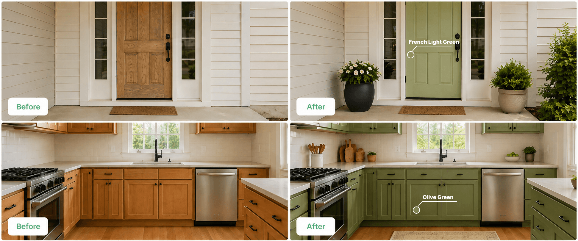 Kitchen cabinets and front door transformed with DWIL Wood Furniture Paint in a fresh green finish