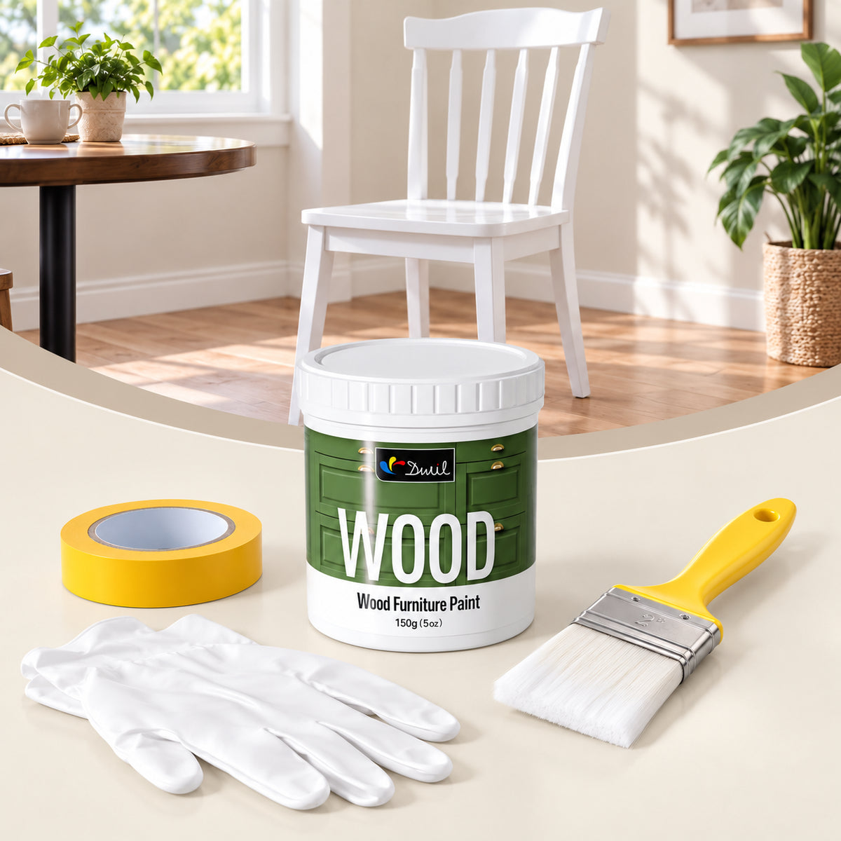 DWIL 150g wood furniture paint kit with a white painted chair in a warm neutral interior.