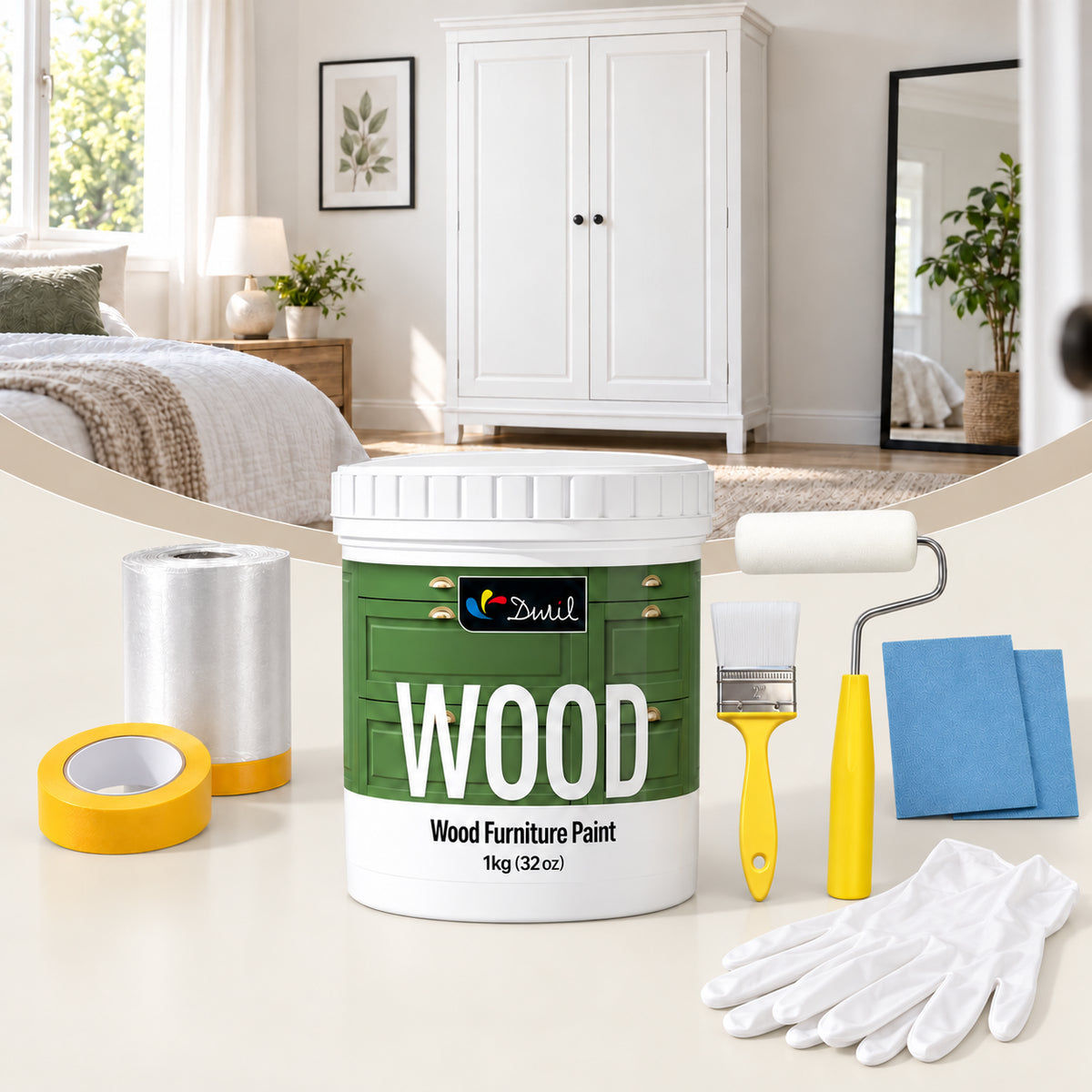 DWIL 1kg wood furniture paint kit with yellow-handled brush and roller, shown with a white wardrobe.