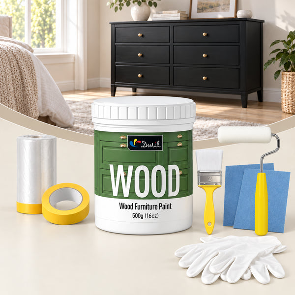 DWIL 500g wood furniture paint kit with yellow-handled brush and roller, shown with a black dresser.