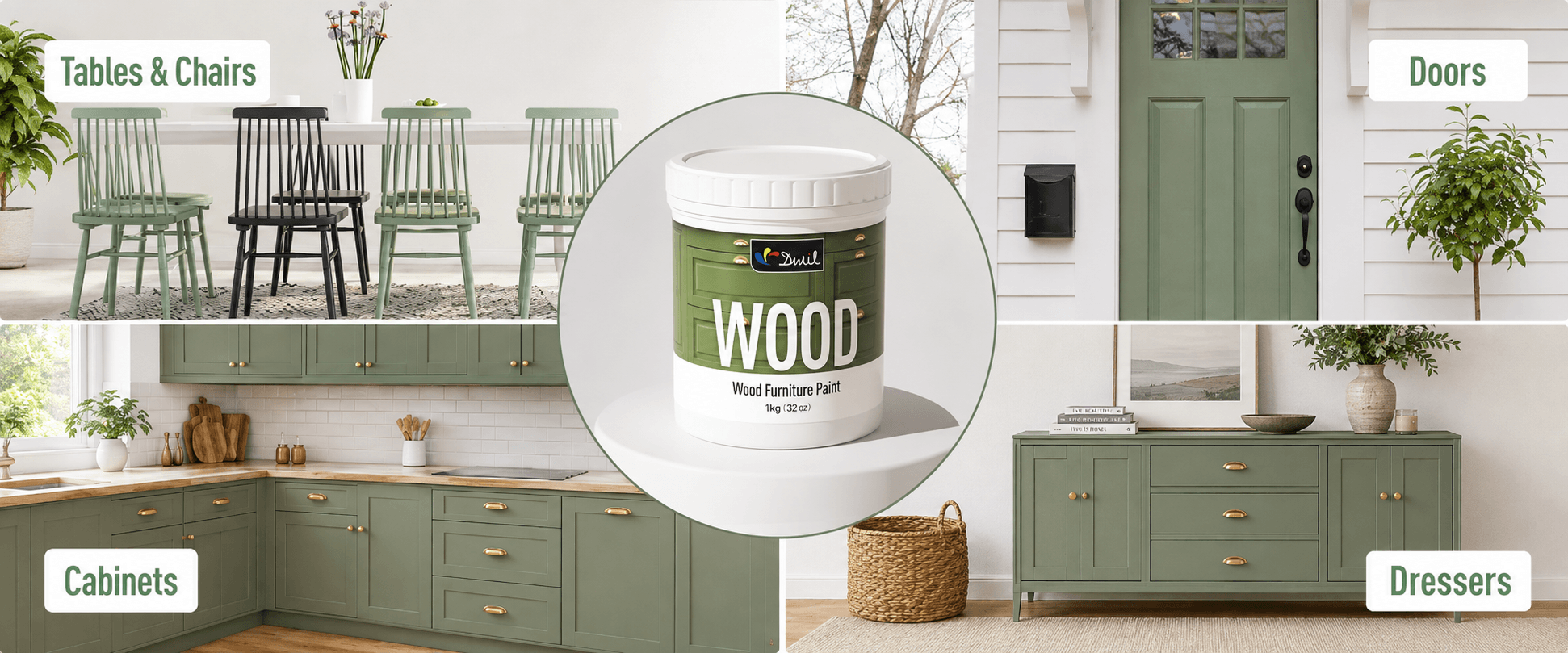 DWIL Wood Furniture Paint for refinishing tables, chairs, cabinets, doors, and dressers.