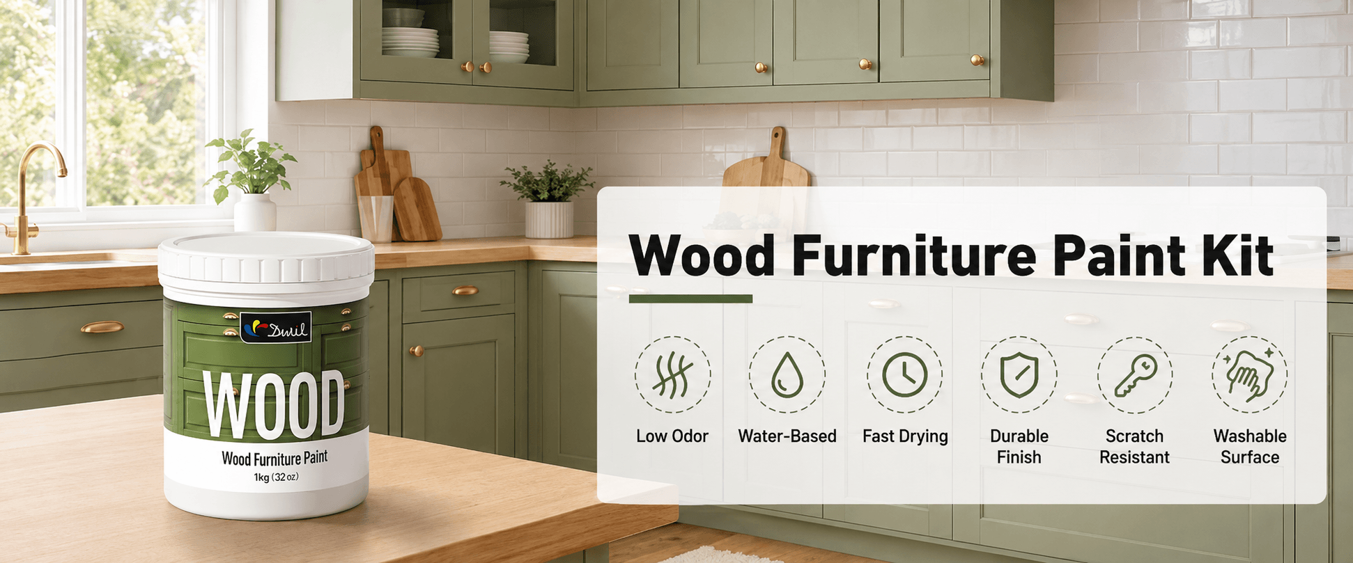 DWIL Wood Furniture Paint Kit used for refreshing kitchen cabinets with a durable DIY finish