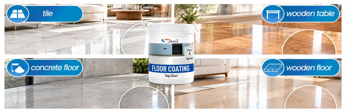 Examples of painted tile, wooden tables, concrete floors and wooden floors that can receive a compatible clear topcoat.