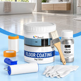 DWIL clear top coat kit with hardener and tools displayed in a tiled bathroom.