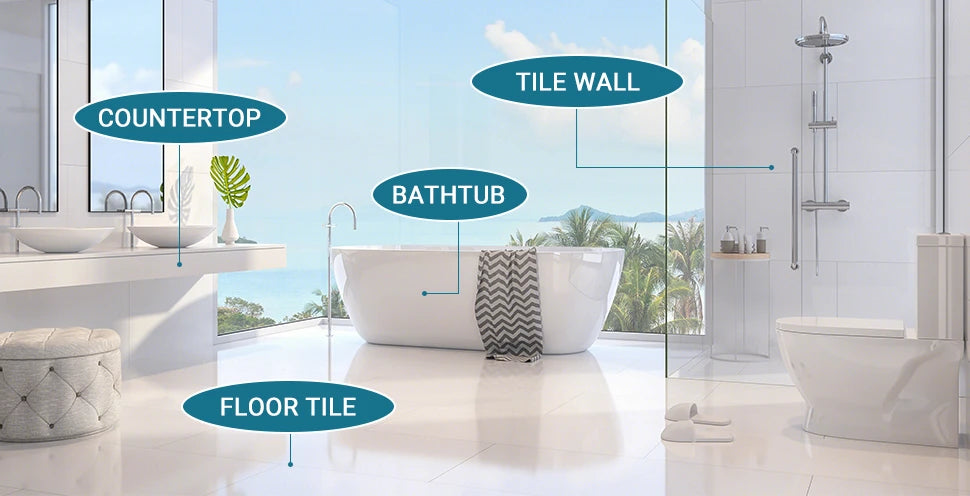 Bathroom countertop, tile wall, bathtub and floor tile application areas.
