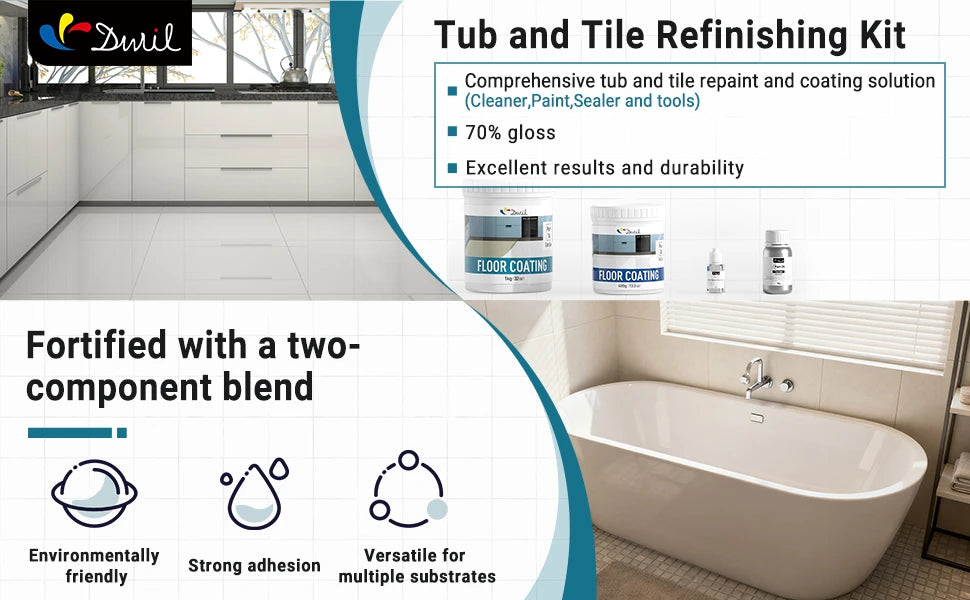 DWIL white color base and clear topcoat shown with finished tile and bathtub surfaces.