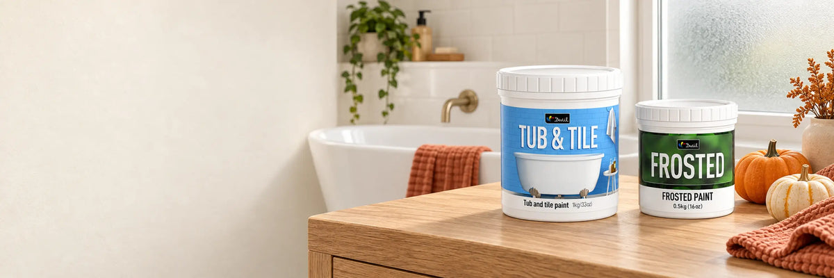 DWIL Tub & Tile and Frosted Glass paint in a refreshed bathroom with subtle Halloween accents