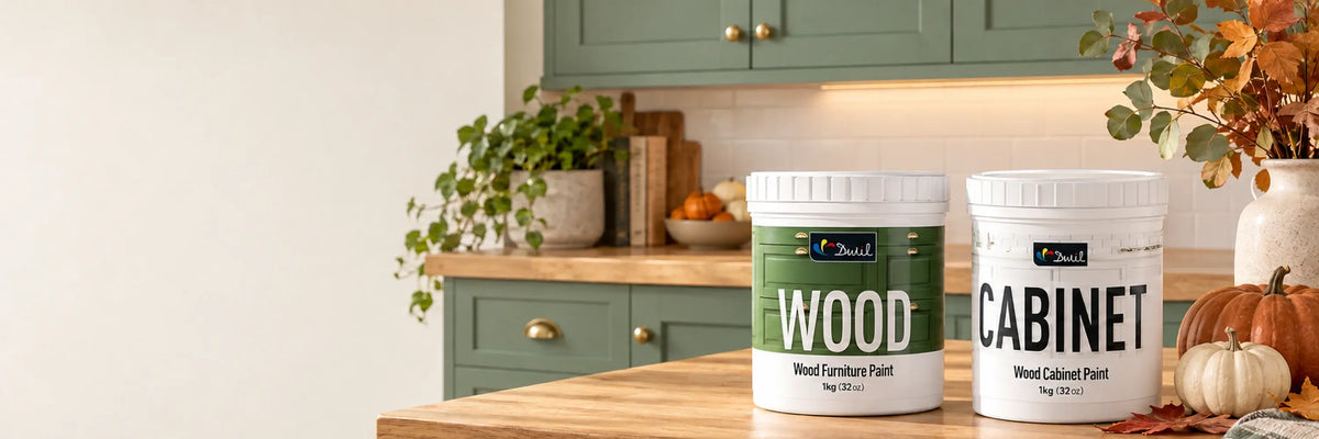 DWIL Wood and Cabinet paint in a sage green kitchen with Halloween accents