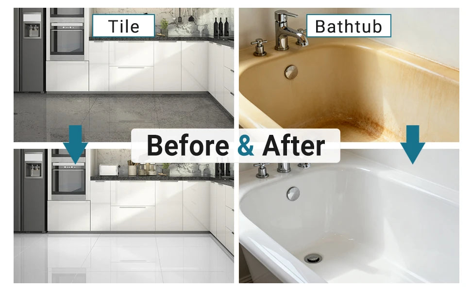 Before and after views of a kitchen tile floor and bathtub refreshed in white.