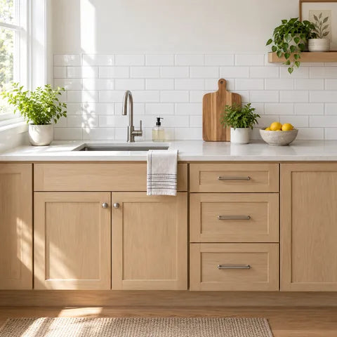 White tile backsplash above a kitchen counter