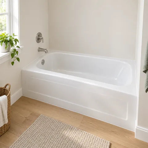 White alcove bathtub in a bright bathroom