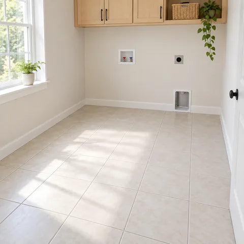 Open tiled area in a bright utility room