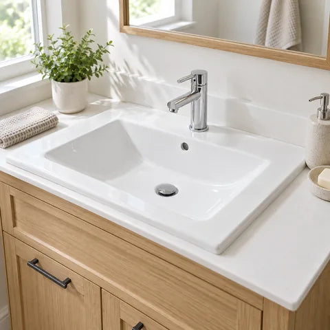 White bathroom sink on a light oak vanity