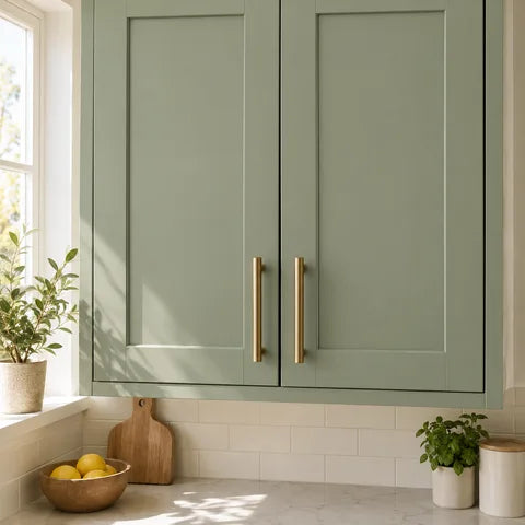 Sage green wooden cabinet doors in a kitchen