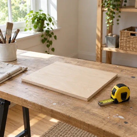 Wooden panel and tape measure on a worktable