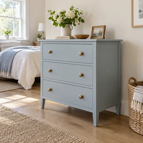 Blue grey wooden dresser with three drawers