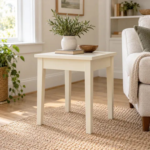 Ivory wooden side table beside a sofa