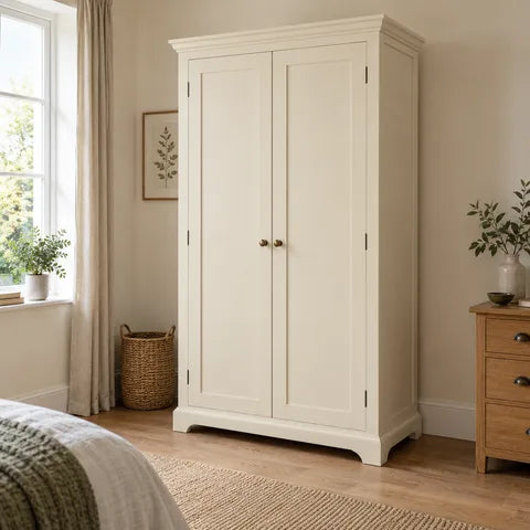 Ivory two-door wooden wardrobe in a bedroom