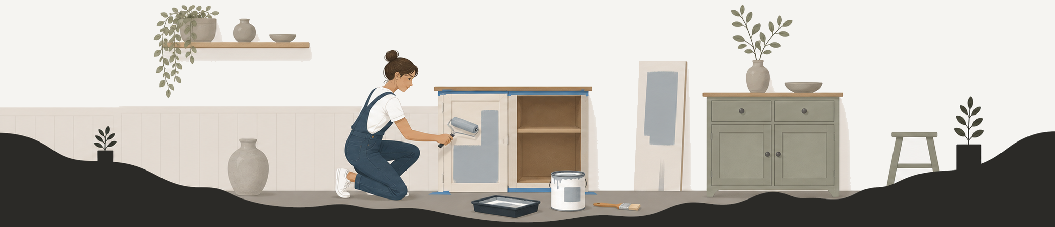 Illustration of a homeowner refreshing cabinets and furniture with DWIL paint