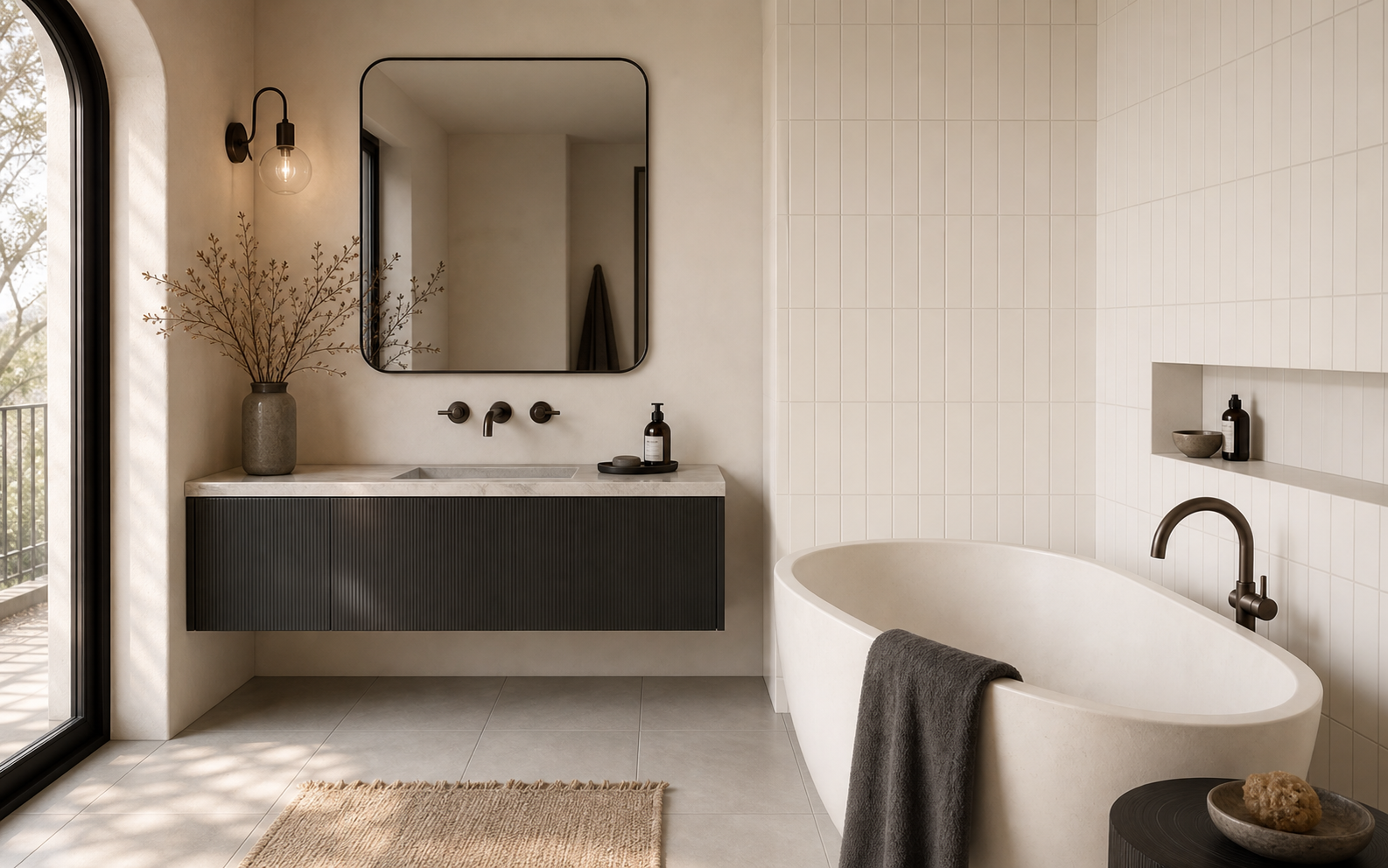 Refinished bathroom tiles after a DIY tile paint makeover.